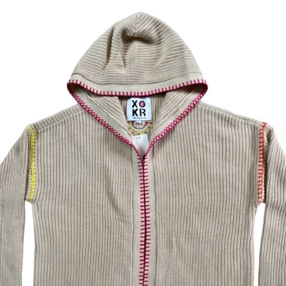 Anthropology NWT Kerri Rosenthal Beige Smiley Face Stitch Hooded Cardigan Medium - Picture 7 of 14